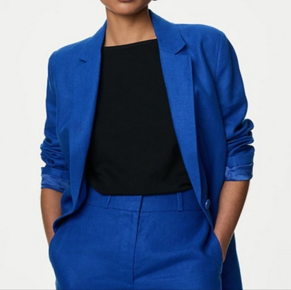 H&M Blue Linen Blend Single Breasted Blazer Size Small